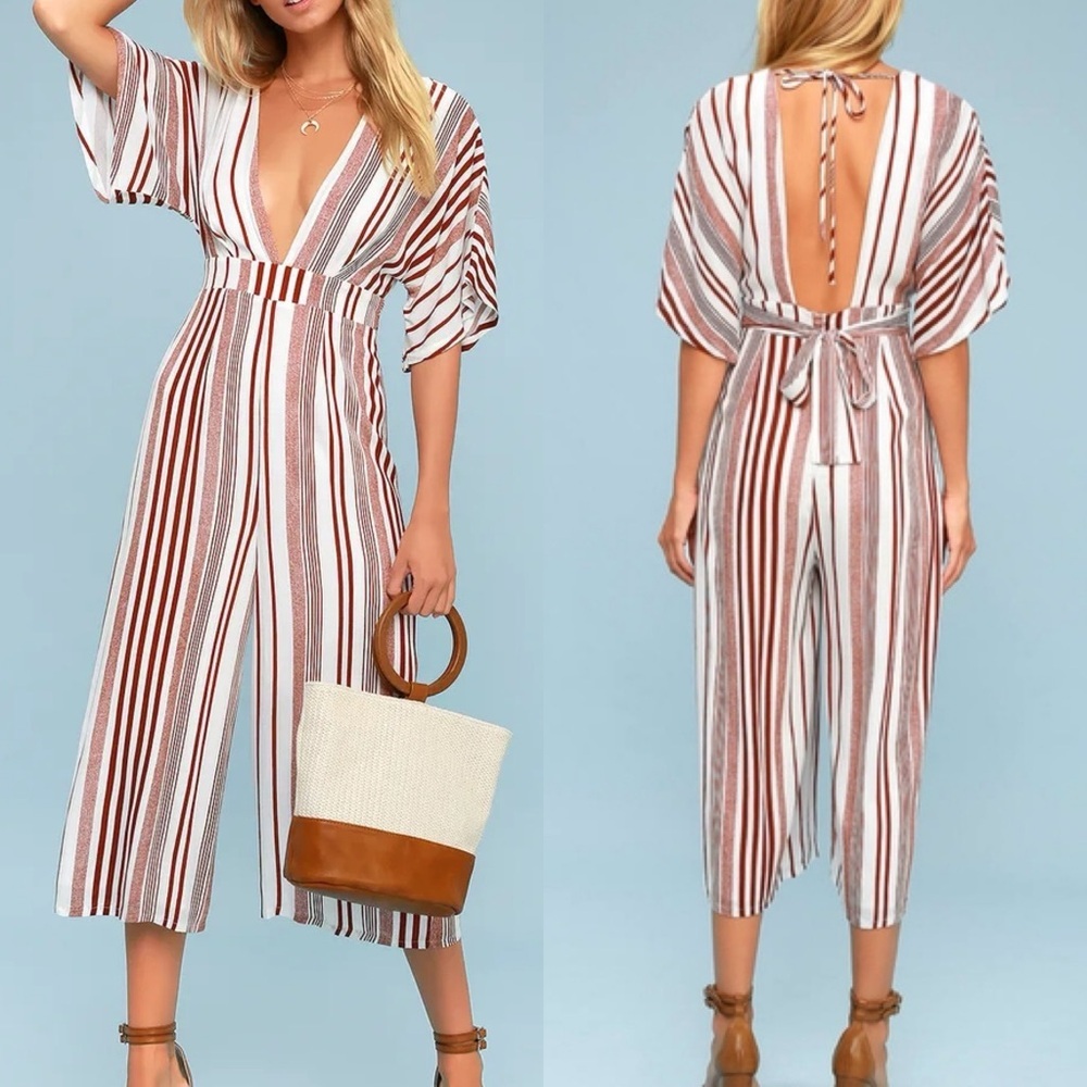 Lulu's Women's Dark Red White Stripped Low Wide Leg Romper Jumpsuit - Picture 1 of 11